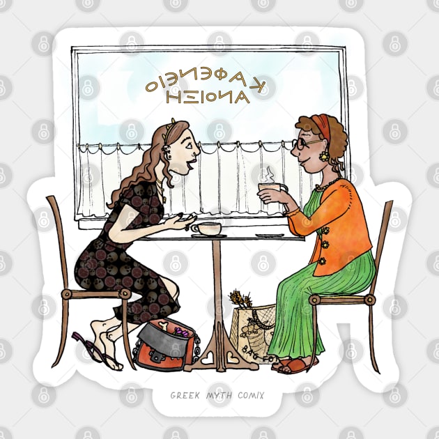 Persephone and Demeter meet for coffee Sticker by GreekMythComix